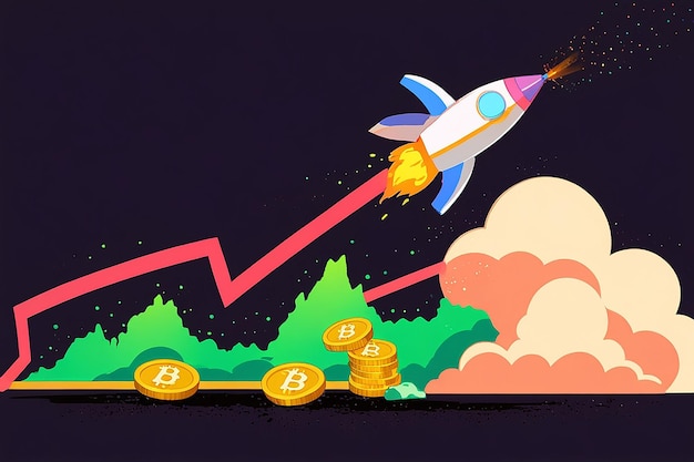 Concept Illustration of Bitcoin Growth with Rocket and Coins Cryptocurrency Pump