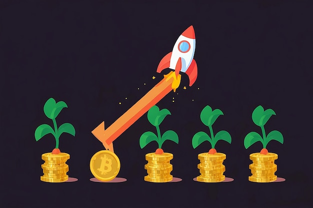 Photo concept illustration of bitcoin growth with rocket and coins cryptocurrency pump