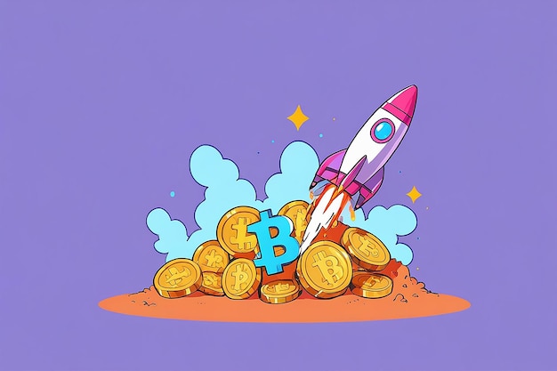 Concept Illustration of Bitcoin Growth with Rocket and Coins Cryptocurrency Pump