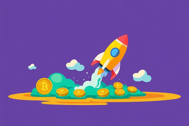 Concept Illustration of Bitcoin Growth with Rocket and Coins Cryptocurrency Pump