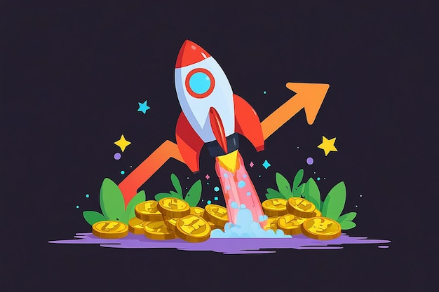 Concept Illustration of Bitcoin Growth with Rocket and Coins Cryptocurrency Pump