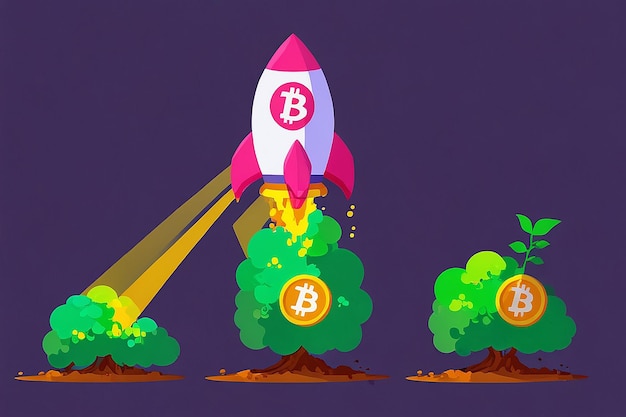 Concept Illustration of Bitcoin Growth with Rocket and Coins Cryptocurrency Pump