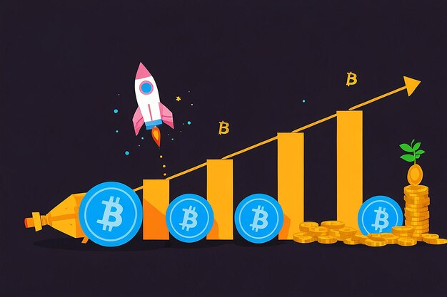 Concept Illustration of Bitcoin Growth with Rocket and Coins Cryptocurrency Pump