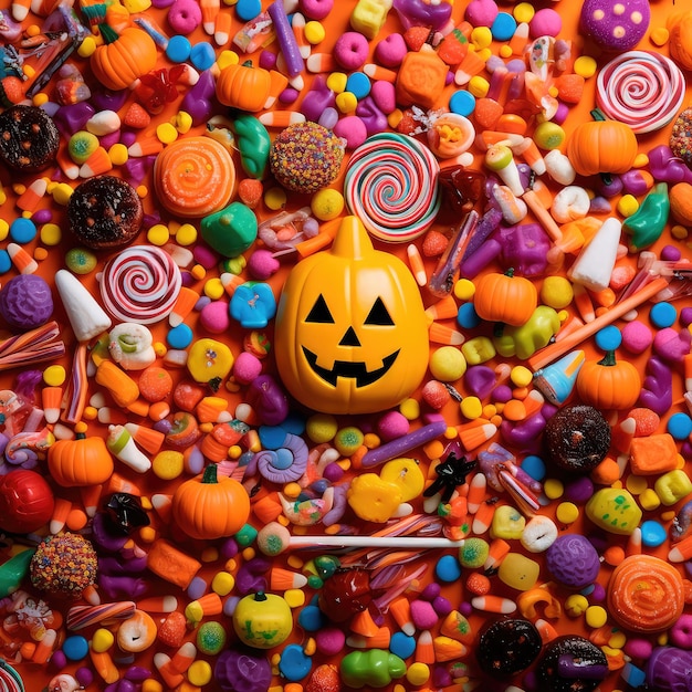 Concept illustration of a bright illustration of candies on a colorful Halloweenstyle background Generative AI