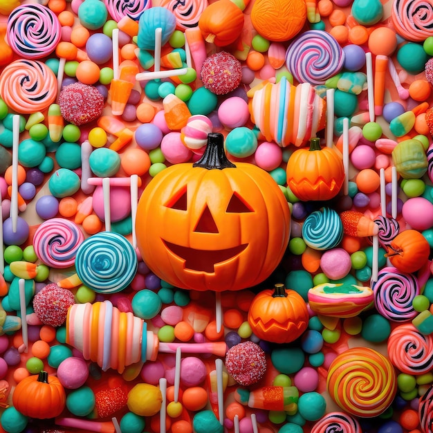 Concept illustration of a bright illustration of candies on a colorful Halloweenstyle background Generative AI