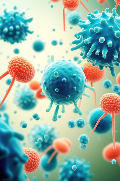 Concept illustration of a closeup of virus cells or bacteria of various shapes on a light background Generative AI