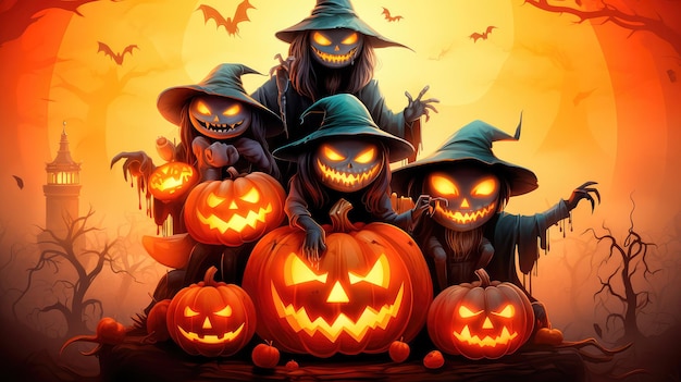 Concept illustration of a costume party for Halloween A group of children in costumes are sitting on a giant pumpkin In the moonlight Orange background Generative AI