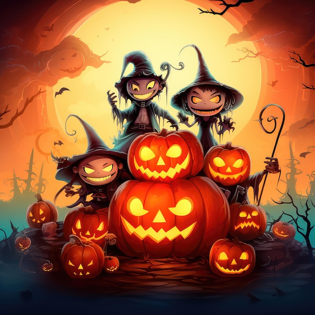 Concept illustration of a costume party for Halloween A group of children in costumes are sitting on a giant pumpkin In the moonlight Orange background Generative AI