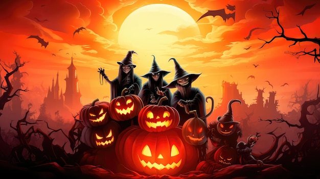 Concept illustration of a costume party for Halloween A group of children in costumes are sitting on a giant pumpkin In the moonlight Orange background Generative AI