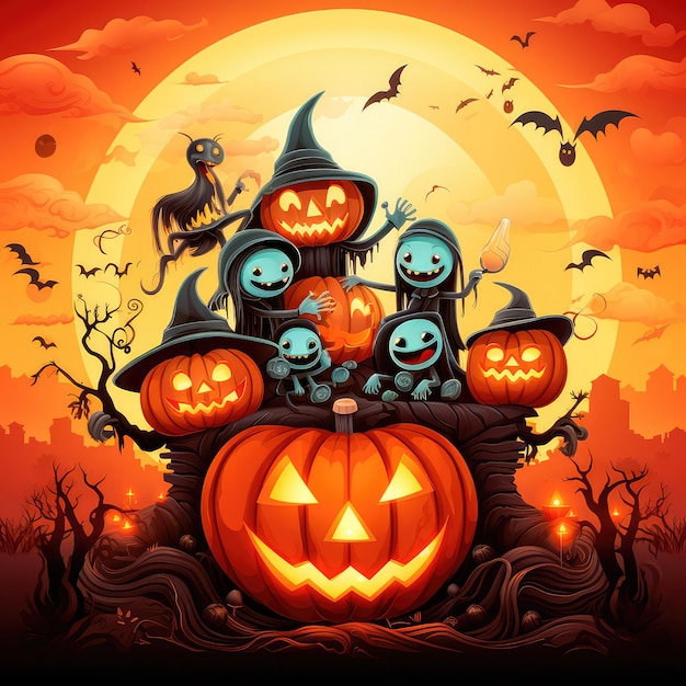 Concept illustration of a costume party for Halloween A group of children in costumes are sitting on a giant pumpkin In the moonlight Orange background Generative AI