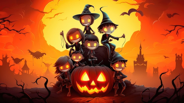 Concept illustration of a costume party for Halloween A group of children in costumes are sitting on a giant pumpkin In the moonlight Orange background Generative AI