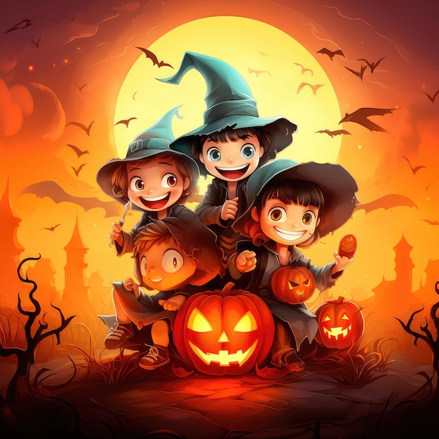 Concept illustration of a costume party for Halloween A group of children in costumes are sitting on a giant pumpkin In the moonlight Orange background Generative AI