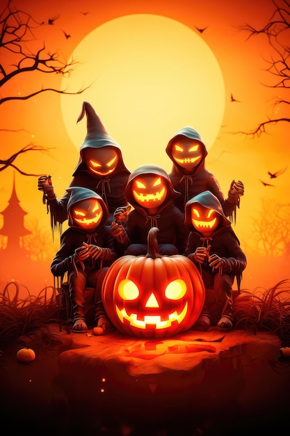 Concept illustration of a costume party for Halloween A group of children in costumes are sitting on a giant pumpkin In the moonlight Orange background Generative AI