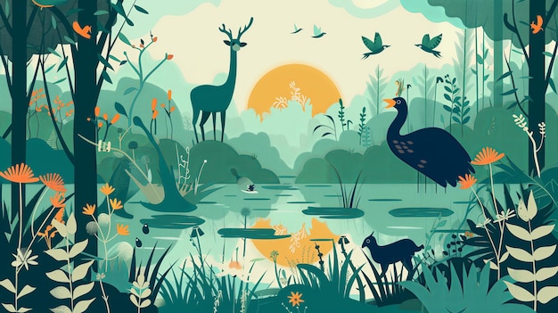 Photo concept illustration in simple flat style an illustration showing non native plants and animals