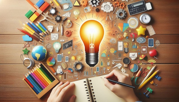 Concept image of idea with light bulb and pencil