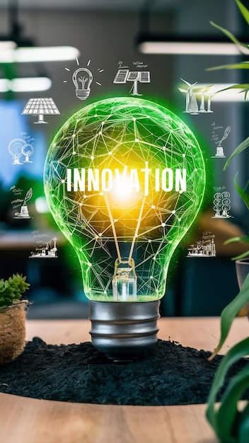 Photo concept image if green lightbulb symbol of scr innovation and eco friendly business