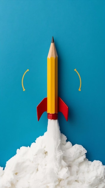 Photo concept image of pencil as rocket metaphor on blue background