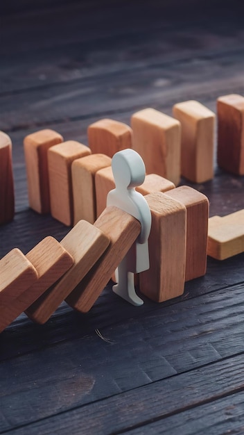 Concept image of stopping the domino effect A female figure blocks falling cubes