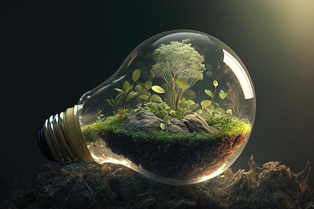 The concept inside the light bulb is ecology and energy saving Small ecological sphere black background high resolution art generative artificial intelligence