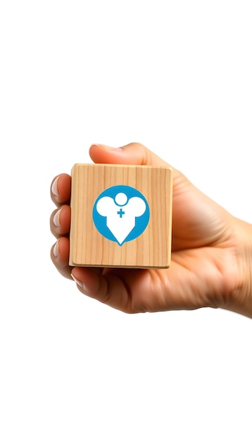 Photo concept of insurance for your health hand hold wooden block with icon healthcare medical isolated