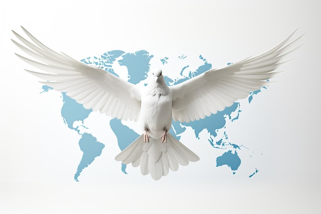 Concept for the International Day of Peace White dove on the background of the world map in light