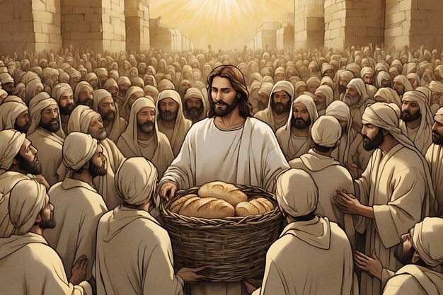 A concept of Jesus miraculously feeding multitudes as in bible