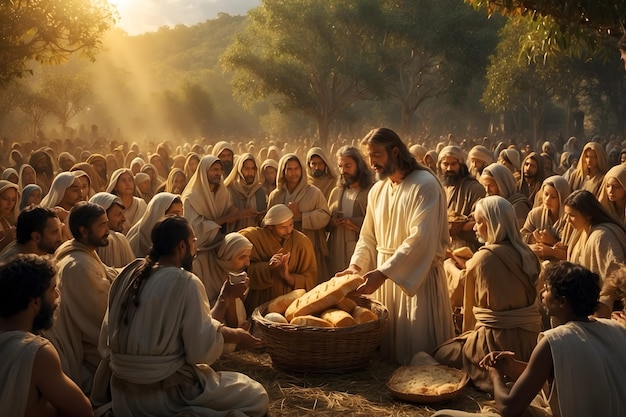 A concept of Jesus miraculously feeding multitudes as in bible