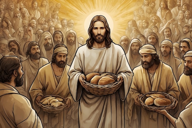 A concept of Jesus miraculously feeding multitudes as in bible