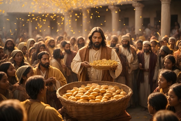 A concept of Jesus miraculously feeding multitudes as in bible