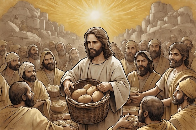 A concept of Jesus miraculously feeding multitudes as in bible