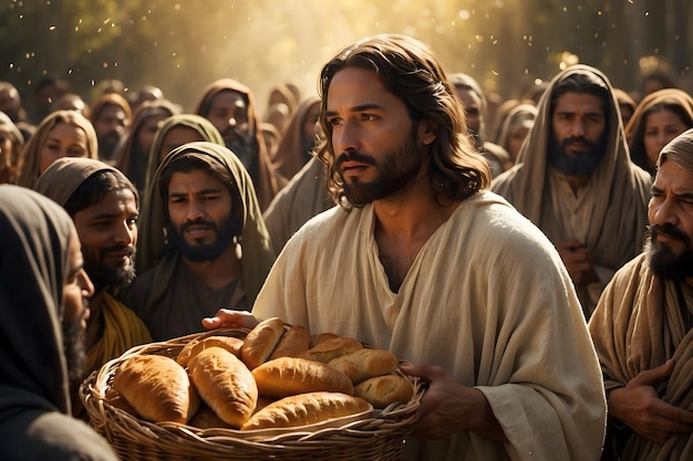 A concept of Jesus miraculously feeding multitudes as in bible