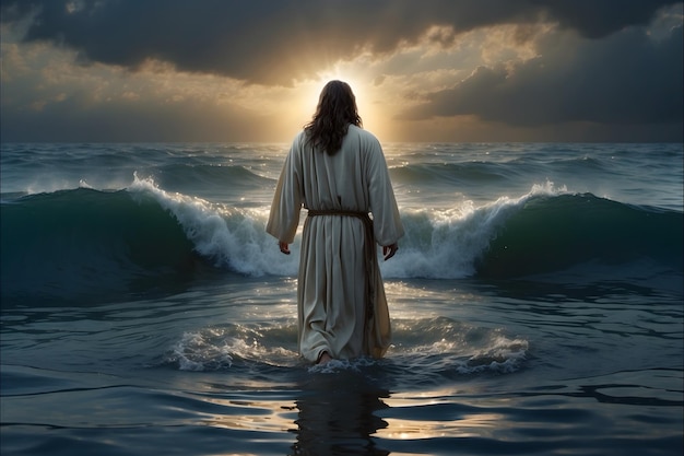 A concept of Jesus walks on water and calms the sea as in bible