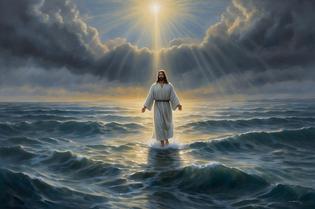 A concept of Jesus walks on water and calms the sea