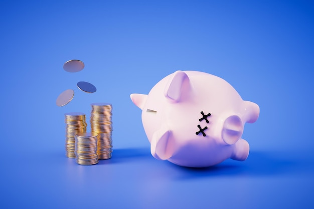 The concept of keeping money at home piggy bank and coins on a blue background 3D render