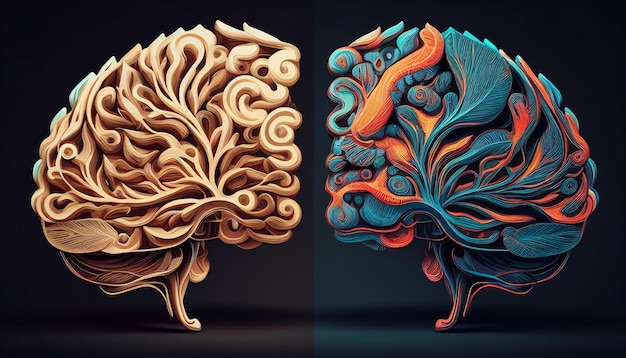 Concept of the left and right sides of the human brain Generative AI has a creative and logical component as well as social and business doodles