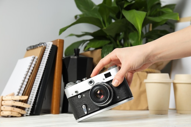 Concept of leisure and photo hobby with retro photo camera