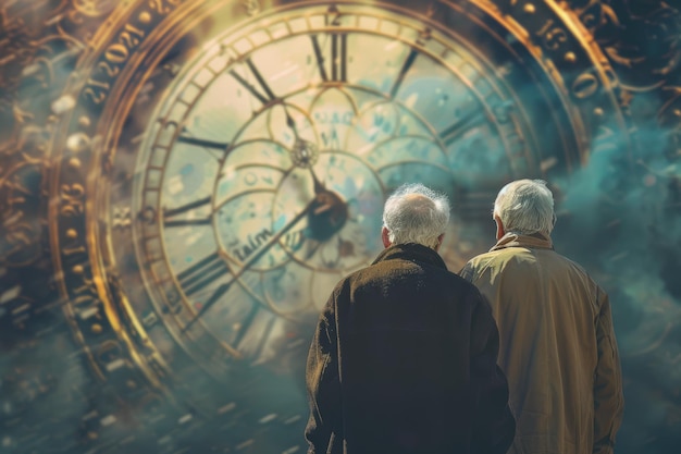 Concept of life passing fantasy image of two old people looking at huge clock ai generated