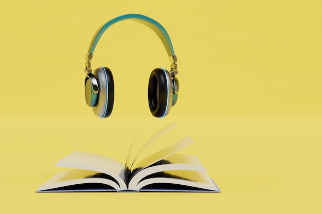 The concept of listening to audiobooks headphones and an open book on a yellow background 3D render