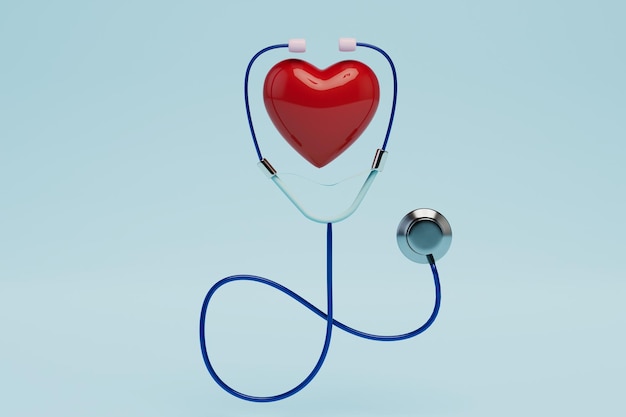 The concept of listening to the heartbeat stethoscope and red heart on a blue background 3D render