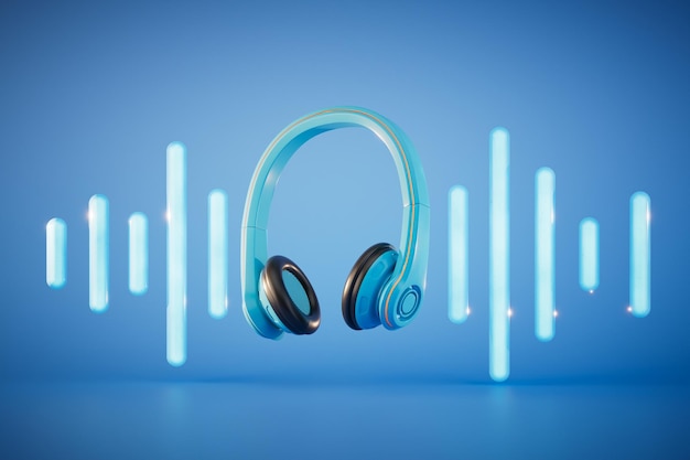 The concept of listening to music blue headphones and an audio track on a blue background 3D render