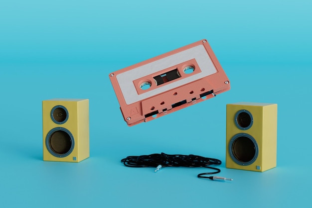 The concept of listening to music an old audio cassette cord and speakers on a turquoise background