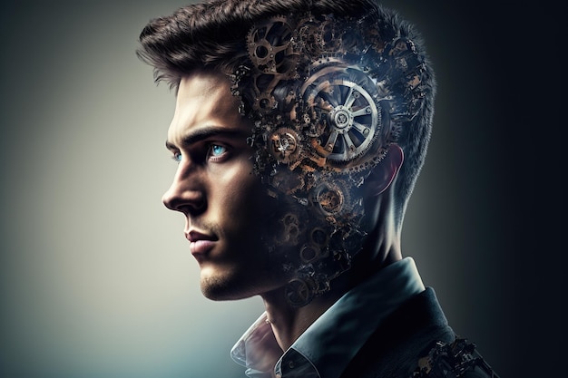 Concept of logical in wondrous double exposure mechanical gear on businessman