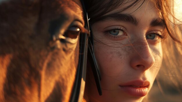 The concept of love for animals and a free world closeup of a womans face and horses muzzle