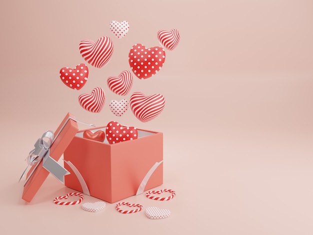 Concept of love and happy valentine day, Heart shape with gift box floating on the background. 3D Rendering, illustration.