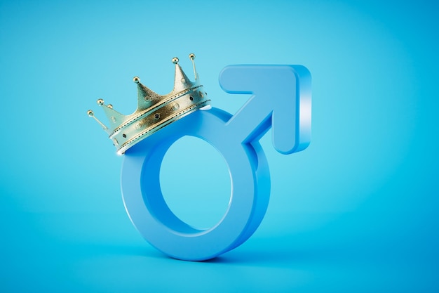 The concept of male dominance The badge of a man in a crown on a blue background 3D render