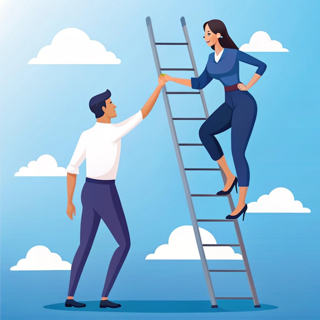 Concept of a male and female partner helping each other go up the ladder towards the goal