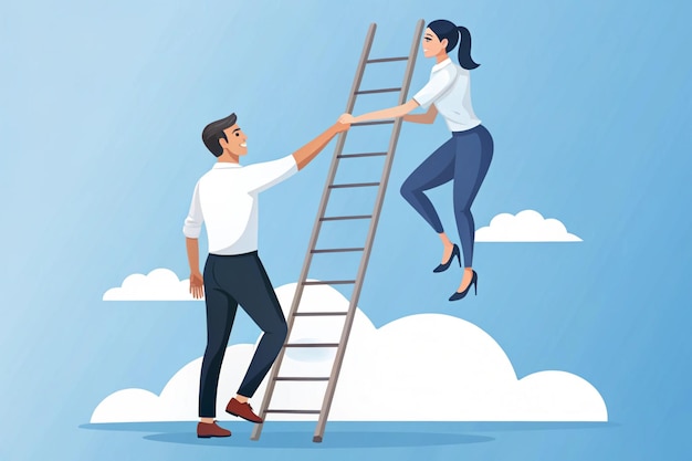 Concept of a male and female partner helping each other go up the ladder towards the goal