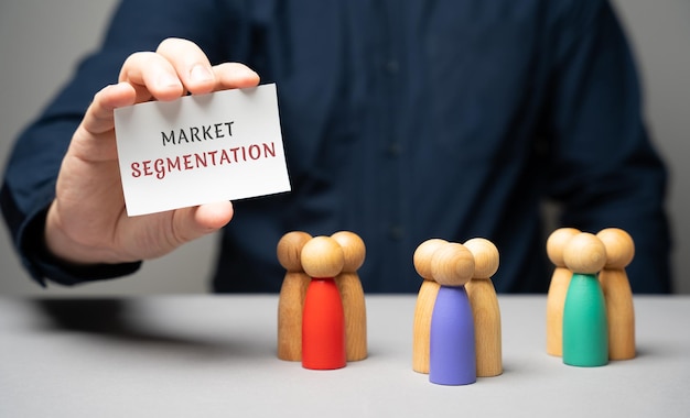 The concept of market segmentation Target audience customer care Market group of buyers Customer relationship management Wooden figurines of people and businessman with notes