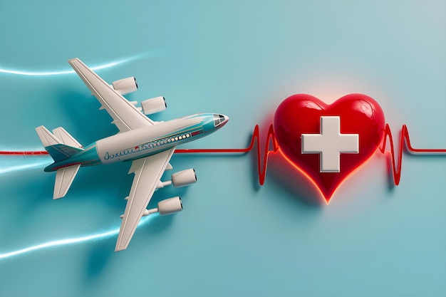 Photo concept of medical tourism white airplane on medical elements blue background