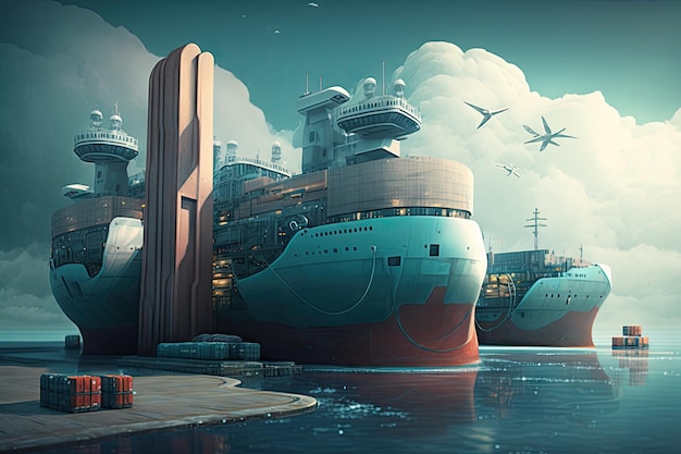 Concept of modern sea cargo port of future with long ships standing at pier created with generative